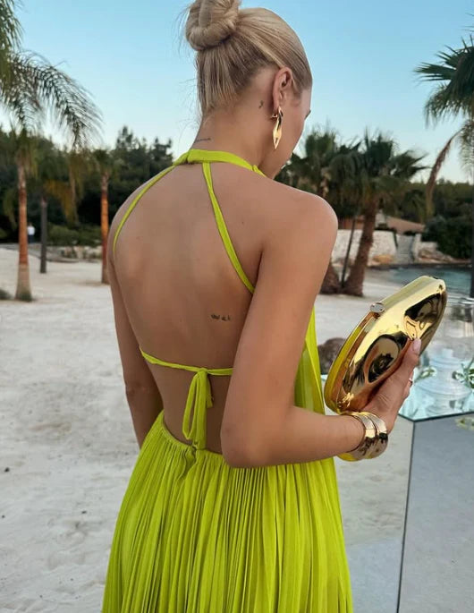 Vestido Weitese amarillo verde moda plisado sin espalda largo elegante gasa vestido de fiesta vestido de noche vestido de fiesta de graduación